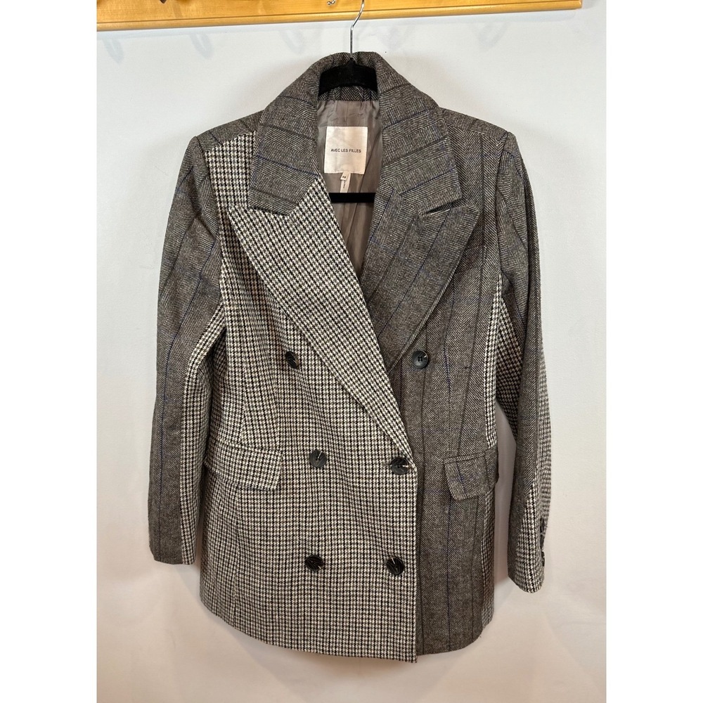 Anthropologie x Avec Les Filles Mixed Plaid Double Breasted Blazer Wool Blend - Picture 4 of 7